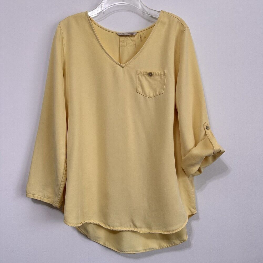 Soft Surroundings Tunic Top S Roll Tab Sleeve V Neck Lemon Yellow Casual Pocket